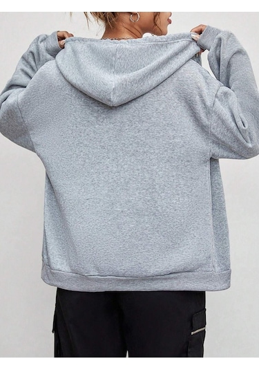 Baskısız Fermuarlı Hırka Sweatshirt - Gri Oversize Kışlık Kalın Kapüşonlu Gri