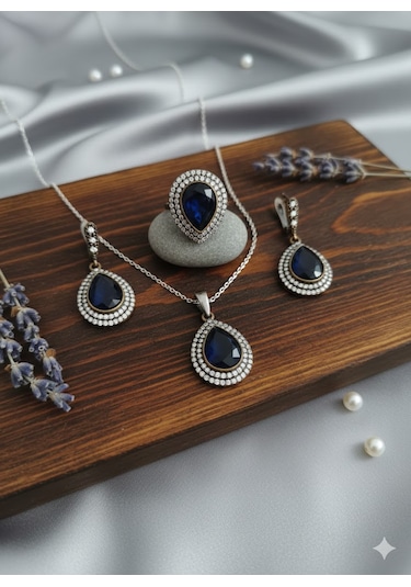 Safir Taşlı Gümüş Kolye Takımı Bronz