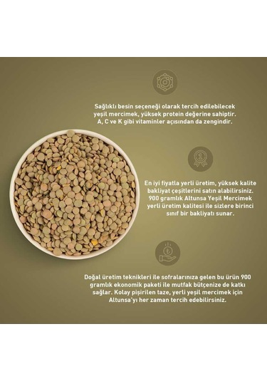 Altunsa Yeşil Mercimek Yerli 900 G x 2 Adet