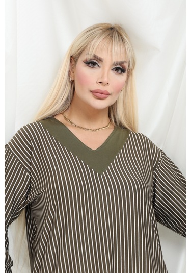 Bambu Viskon V Yaka Uzun Kollu Bluz Rahat Kalıp, Büyük Beden Xl 6xl Haki