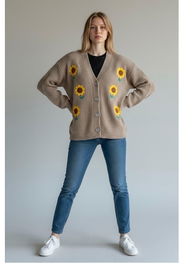 Bohem Stil Şardonlu Pamuklu Çiçek Motifli Hırka Camel