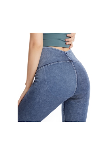 Ximistore9 Kadınlar İçin Yüksek Bel Gövde Vurgulayan Esnek Yoga Spor Tayt - Lacivert Koyu Mavi