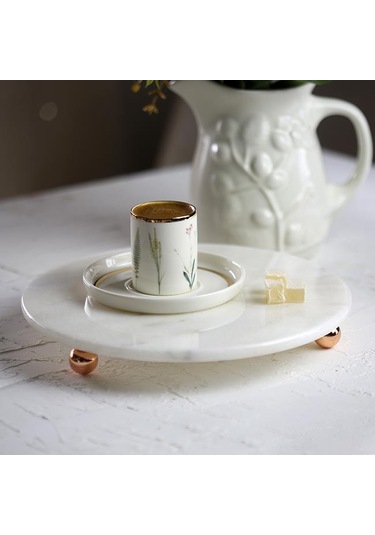 Akayev Mermer 25 CM Rose Gold Boncuk Ayaklı Beyaz Yuvarlak Sunuml