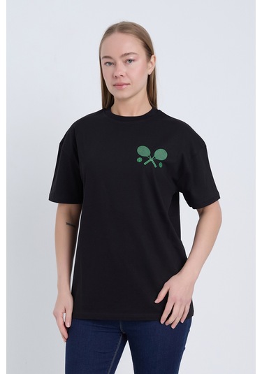Velvoria Unisex Oversize Relaxed Tennis Baskılı Siyah Renk T-shirt