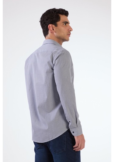 Lacivert Pamuklu Kare Desen Regular Fit Erkek Gömlek Lacivert