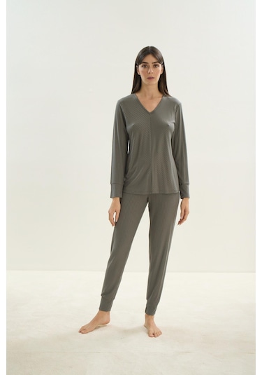 Kadın Uzun Kol Kaşkorse Haki Pijama Takım C8t7n1o61 001