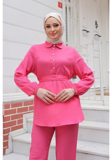 Taş Düğme Detaylı Takım Fuşya Fuşya