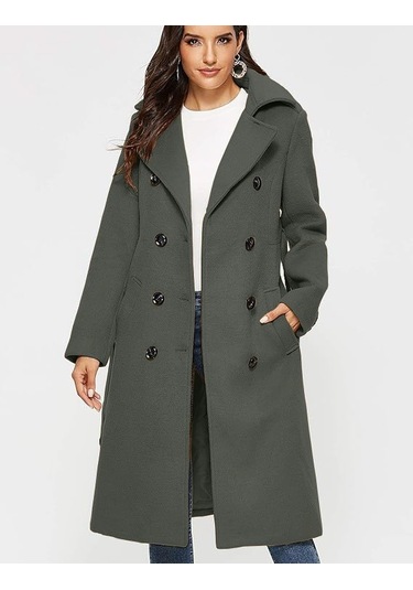 Aksesuarlı Kaşe Kaban Kemer Detaylı Haki