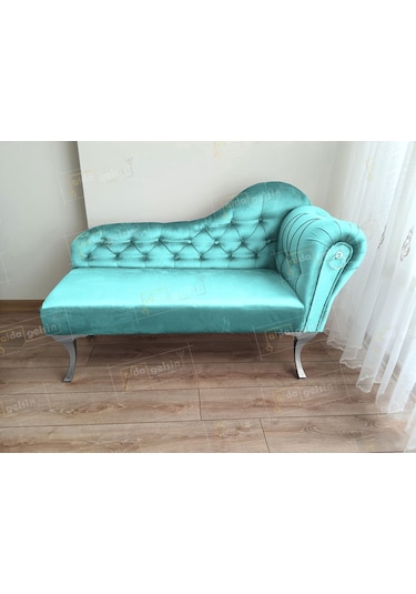 Ters Kol Dekoratif Bihter Koltuk Josefin Puf 110 Cm Gümüş Ayak Turkuaz