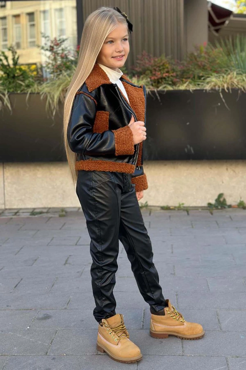 Riccotarz Kız Çocuk Kolları Ve Yakası Peluş Detaylı Siyah Ceket Dik Yaka Kazak Deri Alt Üst Takım Siyah