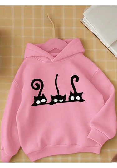 Kışlık Kapüşonlu Sweatshirt, Çocuk Siyah Kara Kediler Baskılı Pembe