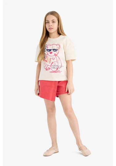 DeFacto Kız Çocuk Relax Fit Baskılı Bisiklet Yaka Kısa Kollu Tişört E0389A825SMER134 Ekru