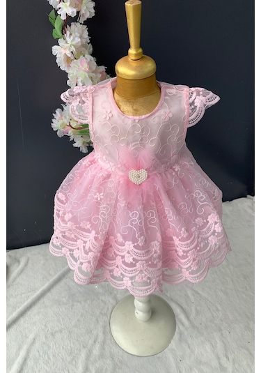 İnci Taşlı Dantelli Kız Bebek Elbise PNPN153