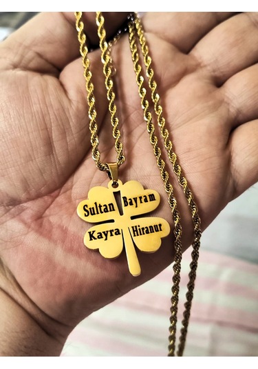 Yonca Model Aile Temalı Çelik Kolye Tasarım Kutulu Kişiye Özel Gold