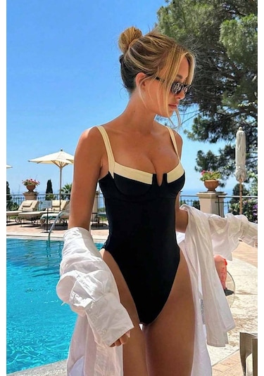 Angelsin Özle Tasarım Balenli V Yaka Mayo Mayokini Siyah