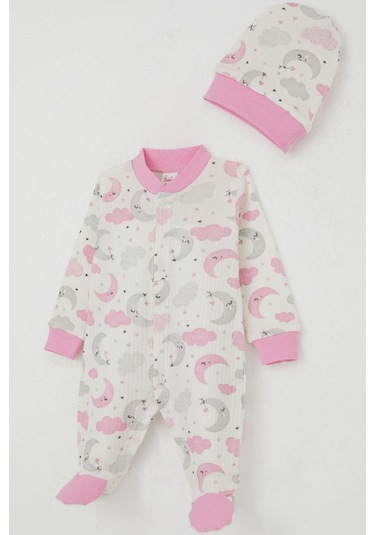 Breeze Kız Bebek Patikli Tulum Gökyüzü Temalı Uykucu Ay Desenli 0-6 Ay, Ekru Ekru