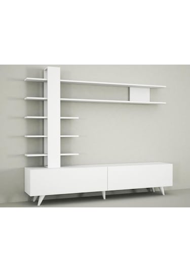Dekorister Aleyna Duvar Raflı Kitaplıklı Tv Ünitesi Beyaz