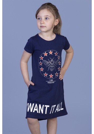 Toontoy Kız Çocuk I Want It All Baskılı Elbise Lacivert