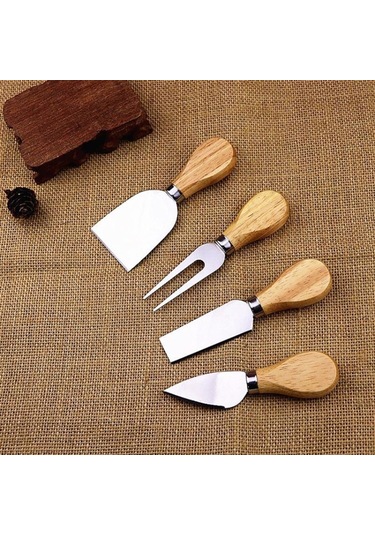 4 Adet Paslanmaz Çelik Peynir Bıçağı Bambu Saplı Dilimleyici Gümüş