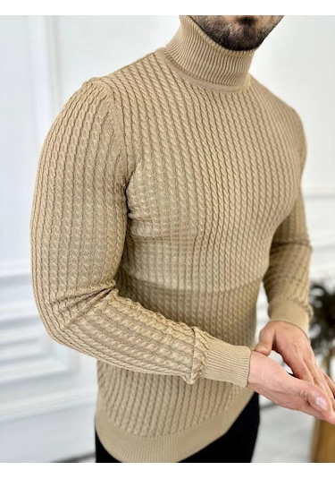 Kazak Slim Fit Tüylenmez Naturel Pamuk Triko Boğazlı Balıkçı Yaka Kazak Kahverengi