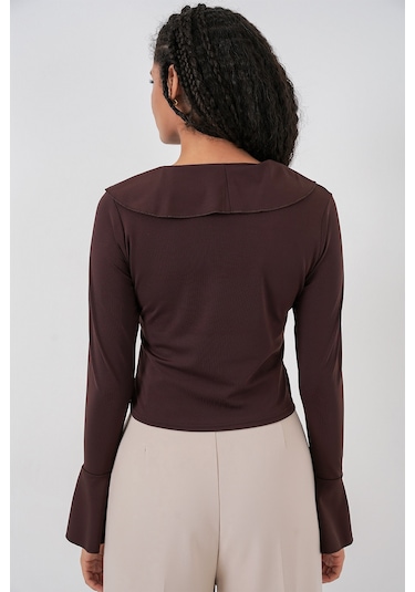 Kadın Uzun Kol Crop Bluz 979 - Kahverengi Kahverengi