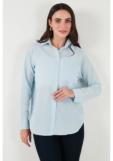 Lela Regular Fit Uzun Kollu Cepli Çizgili Bayan Gömlek 6772895 Bebe Mavi