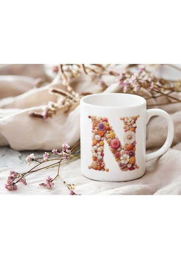 N Harfi Çiçek Desenli Kupa Bardak - Alfabe Harfleri İle Doğal Çiçekli Kupa - Hediye Fikir Beyaz
