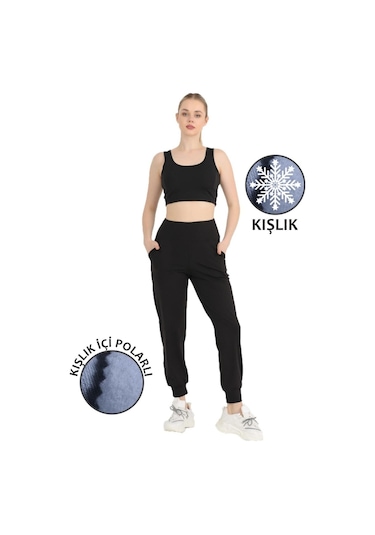 Kadın Siyah Yüksek Bel Jogger Eşofman Altı Polarlı Kışlık Cepli Joggers 1062 Siyah