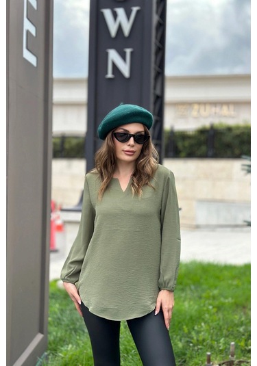 Kadın Haki Uzun Truvakar Kol, Öpücük Yaka, Basic Kesim Bluz - Tesettüre Uygun Haki