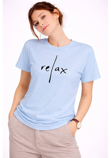 Nevermind Kadın Tişört Basic Minimal Baskılı Relax Yazılı Günlük Rahat Pamu Mavi