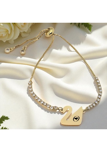 Archin O Harfine Özel 14 Ayar Altın Plakalı Beyaz Taş Detaylı Kuğu Kuşu Motifli Hediye Bileklik-601harf O