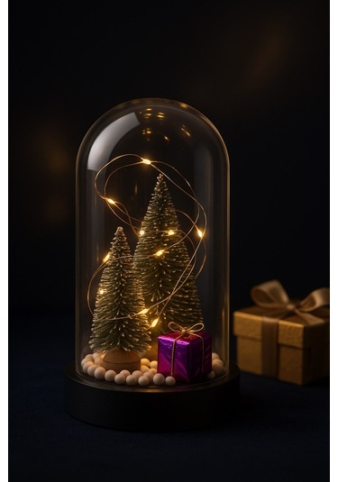Yeni Yıl Ruhunu Yansıtan Led Işıklı 2 Li Yılbaşı Kar Efektli Çam Ağacı Hediye Paketi Temalı Fanus