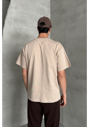 Hyman Erkek %100 Pamuk Oversize Basic T-shirt Bej