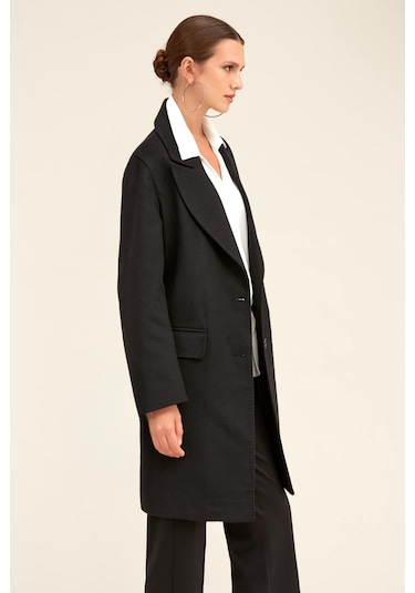 Hatemoğlu Saykı Woman Siyah Regular Fit Ceket Yaka Kaşe Oversize Manto 2956632 Siyah