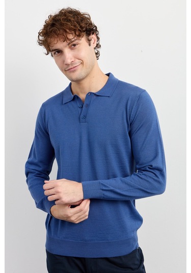 Erkek Basic Polo Yaka İnce Triko Kazak İndigo İndigo