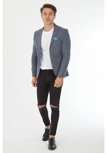 Sposo 5136 Dar Kalıp Örme Kumaş İndigo Erkek Blazer Ceket İndigo