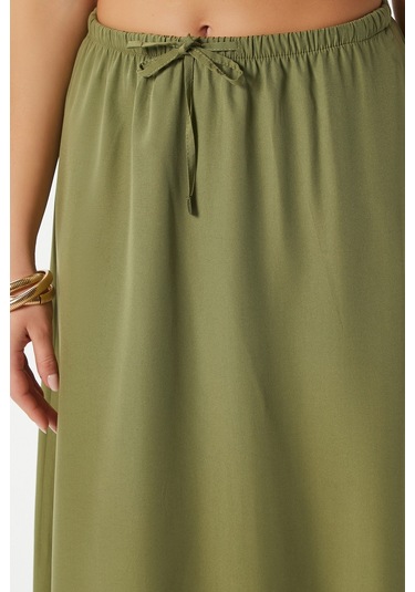 Kadın Seaside Haki Astarlı Bel Lastikli Cepli Dokuma Uzun Etek Haki
