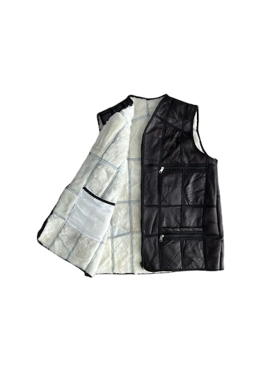 Patchwork Içi Kürk-Dışı Süet Hakiki Deri Acı Kahverengi Yelek