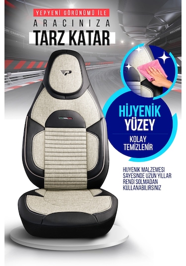 Kemik - Siyah Garni Panda Enzo Serisi Keten Kumaş Oto Koltuk Kılıfı - Tam Set