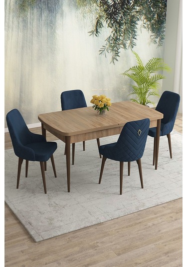 Meri Serisi 80x132 Açılabilir Mdf Meşe Masa Takımı 4 Lacivert Sandalye Kahve Ayak Lacivert