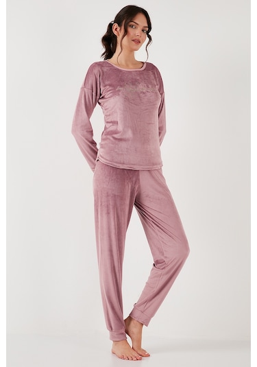 Lela Regular Fit Yumuşak Dokulu Kadife Bayan Pijama Takımı 6094200W4 Pudra