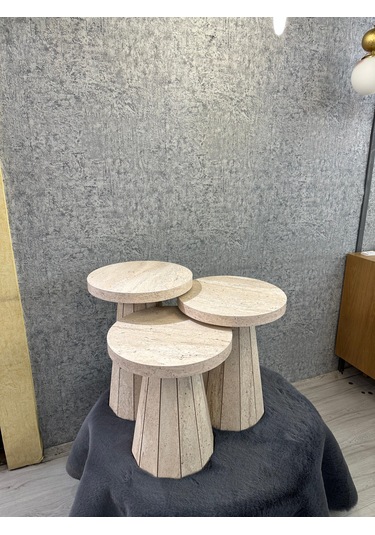 Traverten Görünümlü Mdf 3 Lü Sehpa