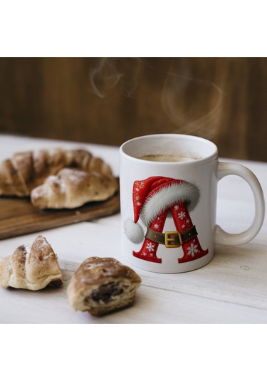 A Harfi Yılbaşı Temalı Bardak 330 Ml Harfli Kişiye Özel Hediye - Yeniyıl / Noel Şapka Tasarım Beyaz