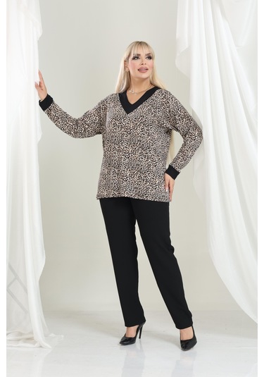 Bambu Viskon V Yaka Uzun Kollu Bluz Rahat Kalıp, Büyük Beden Xl 6xl Çıtır Leopar