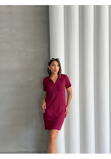 Kadın Polo Yaka Soft Touch Elbise Bordo