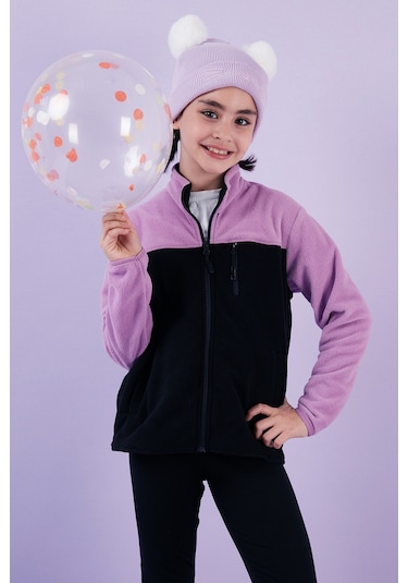 Lela Yumuşak Dokulu Fermuarlı Renk Bloklu Dik Yaka Cepli Hırka Unisex Çocuk Polar 5905001 Lila-Siyah