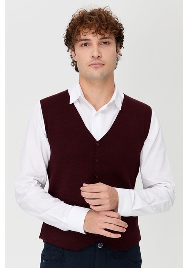 Erkek V Yaka İnce Triko Yelek Bordo Bordo