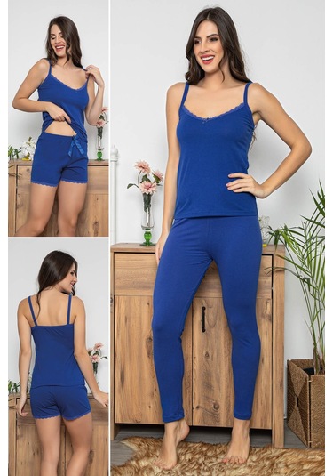 Kadın Saks Renkli Dantel Detaylı Şortlu Ve Taytlı Pijama Takımı 3'lü Set 75006 Saks Mavisi