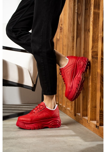 Günlük Kadın Spor Ayakkabı Yüksek Kalın Taban 6 Cm Suni Deri Sneaker 001 Kırmızı