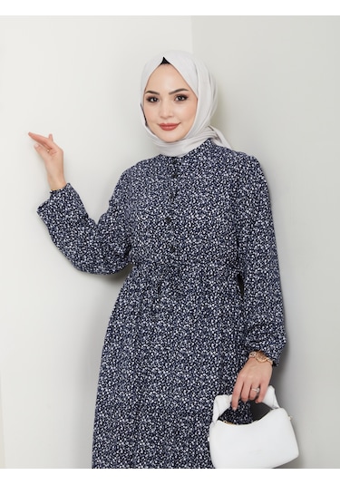 Düğme Detaylı Çiçekli Viskon Elbise - Lacivert / E0123 Lacivert